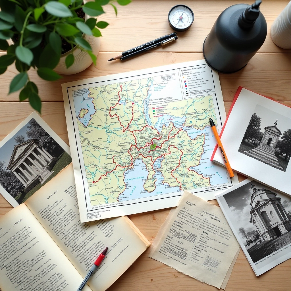 Pracovní stůl redakčního týmu s notebooky, mapami Broumovska a dokumentací barokních kapliček