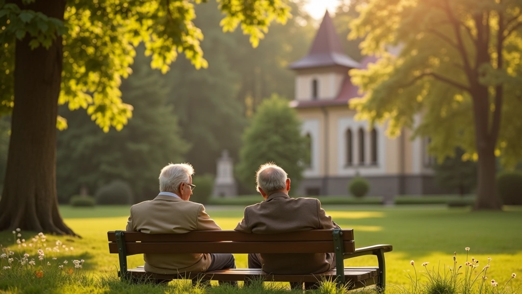 Skupina seniorů sedící na lavičce v parku poblíž staré barokní kaple, společenský a relaxační moment
